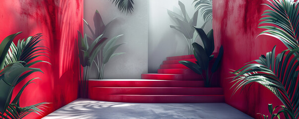 Abstract futuristic artistic illustration with stairs and palm leaves in grey tones and abstract red shapes.