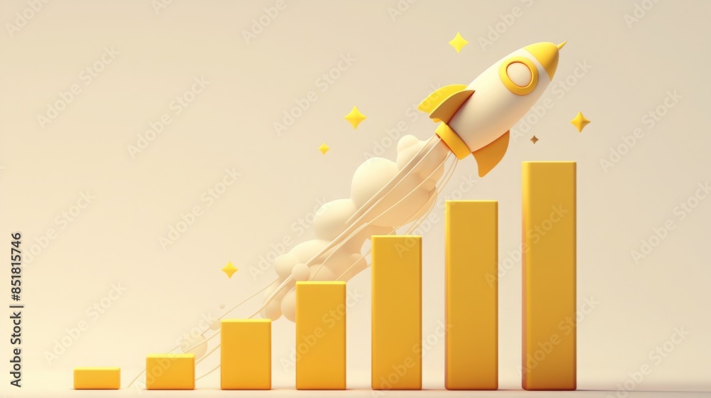 Wall mural business rapid growth rate, kpi assessment: 3d render of yellow rocket ascending on bar graph in min