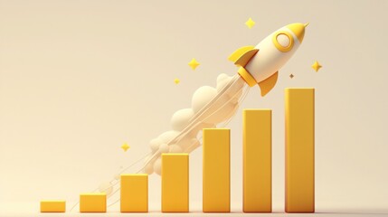 Business rapid growth rate, KPI assessment: 3D Render of Yellow Rocket Ascending on Bar Graph in Minimalistic Style with Light Beige Background, Cute Cartoon Design