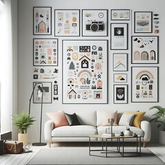 A living room style interior set design with a mockup poster empty white and with a couch and pictures on the wall Vibrant engaging informative professional.