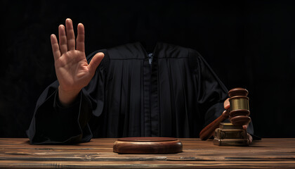 Judge with gavel showing stop gesture at wooden table against black background