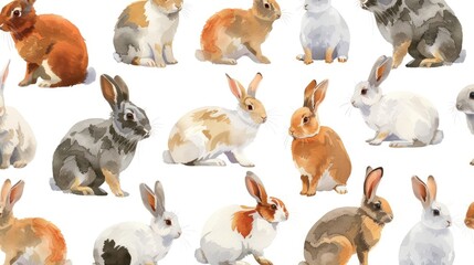 Fototapeta premium A variety of rabbits in different poses, sitting, standing, and sniffing, on a seamless white backdrop