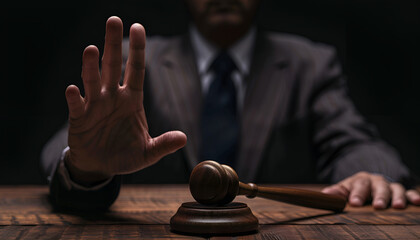 Judge with gavel showing stop gesture at wooden table against black background