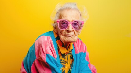 An old grandmother in a good mood in a colorful dress and pink glasses on a yellow isolated background. Elderly woman in hipster outfit