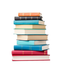Stack of colorful books isolated on white background, symbolizing education, knowledge, study, research, and learning. Vertical orientation.