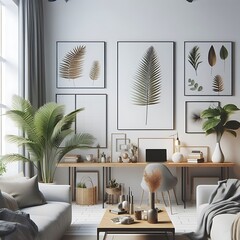 A living room style interior set design with a mockup poster empty white and with a desk and couches Vibrant optimized.