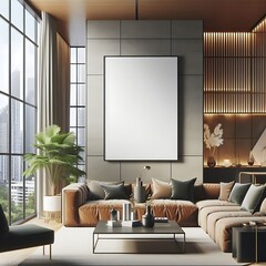 A living room style interior set design with a mockup poster empty white and with a large couch and a large picture frame decoration Vibrant informative professional.