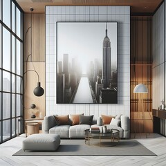 A living room style interior set design with a mockup poster empty white and with a large picture on the wall Vibrant optimized engaging.