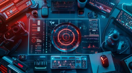 Fototapeta premium Futuristic workstation with holographic interface, advanced gadgets, and glowing screens, showcasing a high-tech and cyber environment.