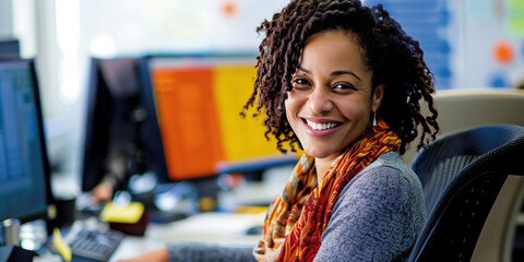A black woman turning around in an office chair to smile at the camera