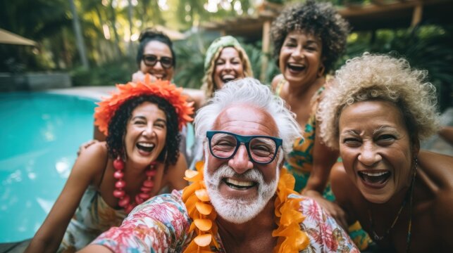 Group of cheerful seniors sitting by the outdoor swimming pool in the backyard. Party concept In retirement, happiness