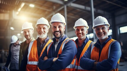 Group of smiling construction workers wearing hard hats teamwork Successful team