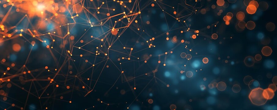 Digital network connections background, tech and futuristic, glowing orange and blue lights. Suitable Holidays: Data Privacy Day, National Techies Day