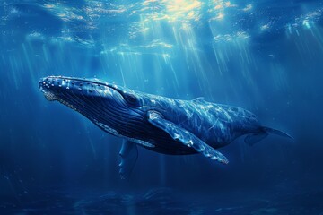 Fototapeta premium Blue whale in the ocean: A majestic blue whale swimming gracefully in the deep blue ocean, with sunlight filtering through the water