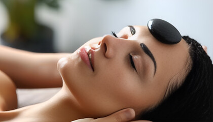 Obraz premium Beautiful young woman getting hot stone massage at spa salon