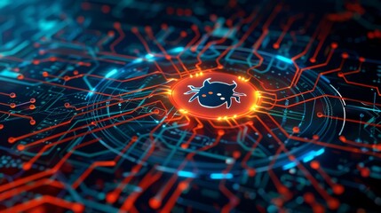 Obraz premium High-tech representation of a computer virus affecting a circuit board, representing cyber threats and digital security challenges.