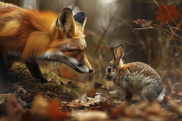 Fototapeta premium Fox poised to pounce on a helpless bunny. The fox lurked to attack the little rabbit. Predator and prey.