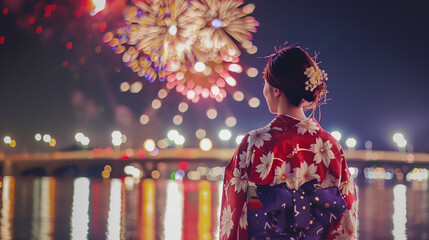 花火を見る浴衣の女性