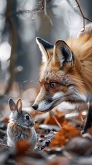 Obraz premium Fox poised to pounce on a helpless bunny. The fox lurked to attack the little rabbit. Predator and prey.