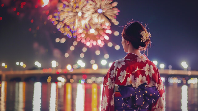 花火を見る浴衣の女性