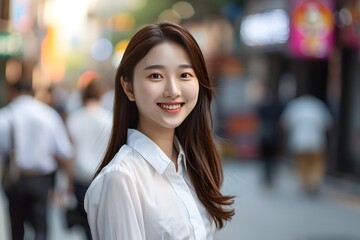 Confident Asian businesswoman with a smile standing in the city's CBD, embodying urban professionalism and success
