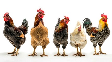 Fototapeta premium Close-up of chickens in different stances, highlighting their unique features against a white background.