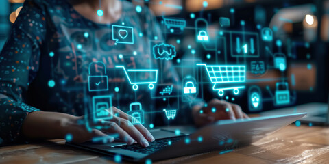 Close-up of a person using an interactive online retail buying experience portal