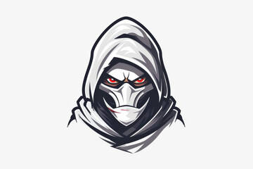 evil ninja with white hood and mask, red eyes, angry expression isolated on white background