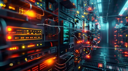 Fototapeta premium Modern data center with glowing server racks, vibrant cables, and advanced technology representing high tech infrastructure.