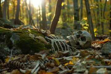 An old human skeleton lies in the forest. The skeleton is covered with leaves, moss and among stones