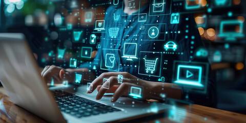 Close-up of a person using an interactive online retail buying experience portal