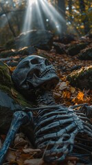 An old human skeleton lies in the forest. The skeleton is covered with leaves, moss and among stones