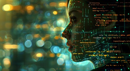 A woman with computer code glow, digital art symbolizing AI technology dual role, AI cyber security threat illustration concept and female IT expert analyzing information technology.