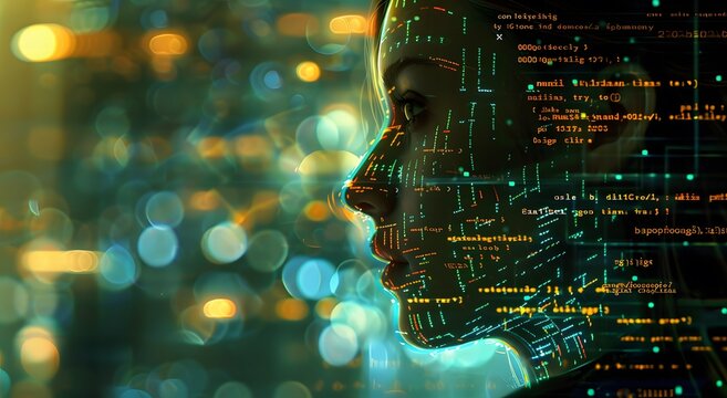 A woman with computer code glow, digital art symbolizing AI technology dual role, AI cyber security threat illustration concept and female IT expert analyzing information technology.
