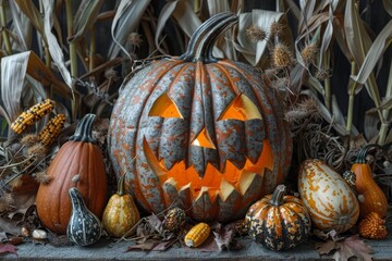 Jack-o’-lantern and autumn gourds: A carved jack-o’-lantern surrounded by small gourds and corn husks.

