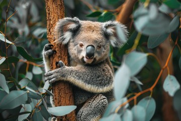 Fototapeta premium A koala sits on a tree and eats eucalyptus.