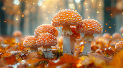 beautiful closeup of forest mushrooms in grass, autumn season. little fresh mushrooms, growing in Autumn Forest. mushrooms and leafs in forest. Mushroom picking concept. Magical