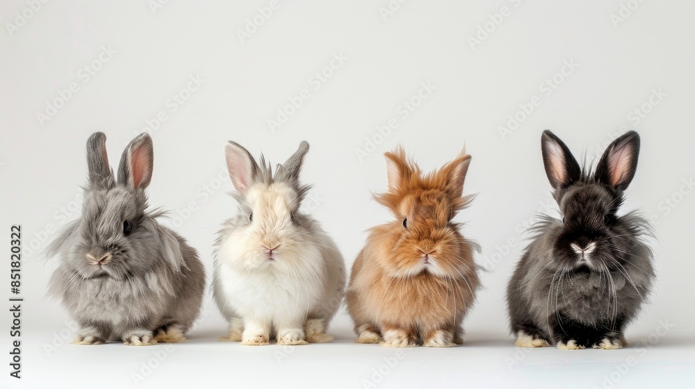 Wall mural Fluffy rabbits striking different poses, highlighting their soft fur and expressive faces on a white backdrop