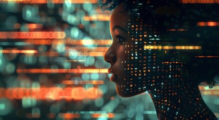 A woman with computer code glow, digital art symbolizing AI technology dual role, AI cyber security threat illustration concept and female IT expert analyzing information technology.