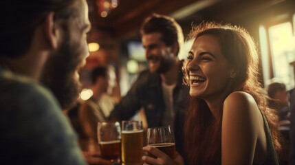 Group of happily smiling friends drinking beer and chatting at bar or pub party with friends weekend happiness