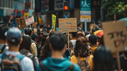 Obraz premium Group of people with signs and posters protesting global labor problems international labor day