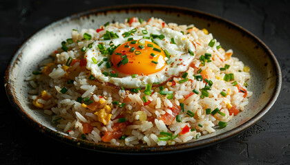 fried rice on a plate with fried egg on top. dark background