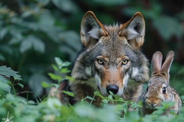 Fototapeta premium wolf poised to pounce on a helpless bunny. The wolf lurked to attack the little rabbit. Predator and prey. 
