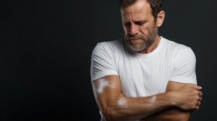 Fototapeta premium bearded man Itchy rash on the elbow, skin disease, illness, treatment, illustration