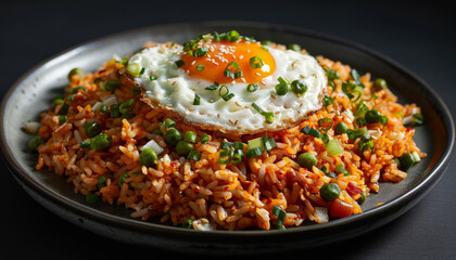 Fototapeta premium fried rice on a plate with fried egg on top. dark background