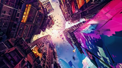Vibrant urban city street scene from a low angle, featuring towering buildings with colorful, futuristic light displays against a twilight sky.