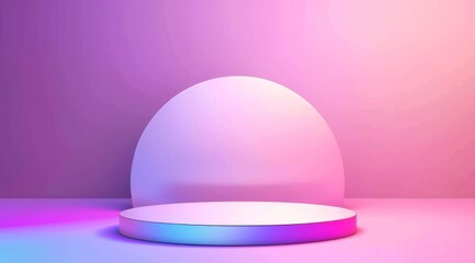 A flat podium in the center of an abstract background with pink and purple gradients, creating a minimalist design for product display or presentation.