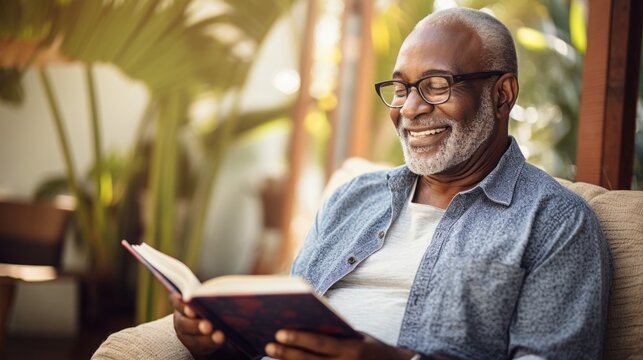 Senior African American man reading a book sitting on a sofa at home wearing reading glasses. Free time activities in retirement