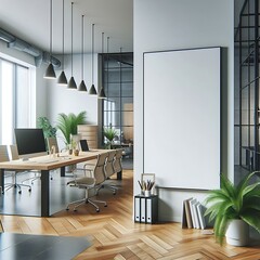 A room style interior set design with a large table and chairs and Modern commercial building interior with A large blank white screen poster informative optimized engaging informative.