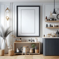 A room style interior set design with a white wall and a black and white picture frame decoration Vibrant creative Vibrant.